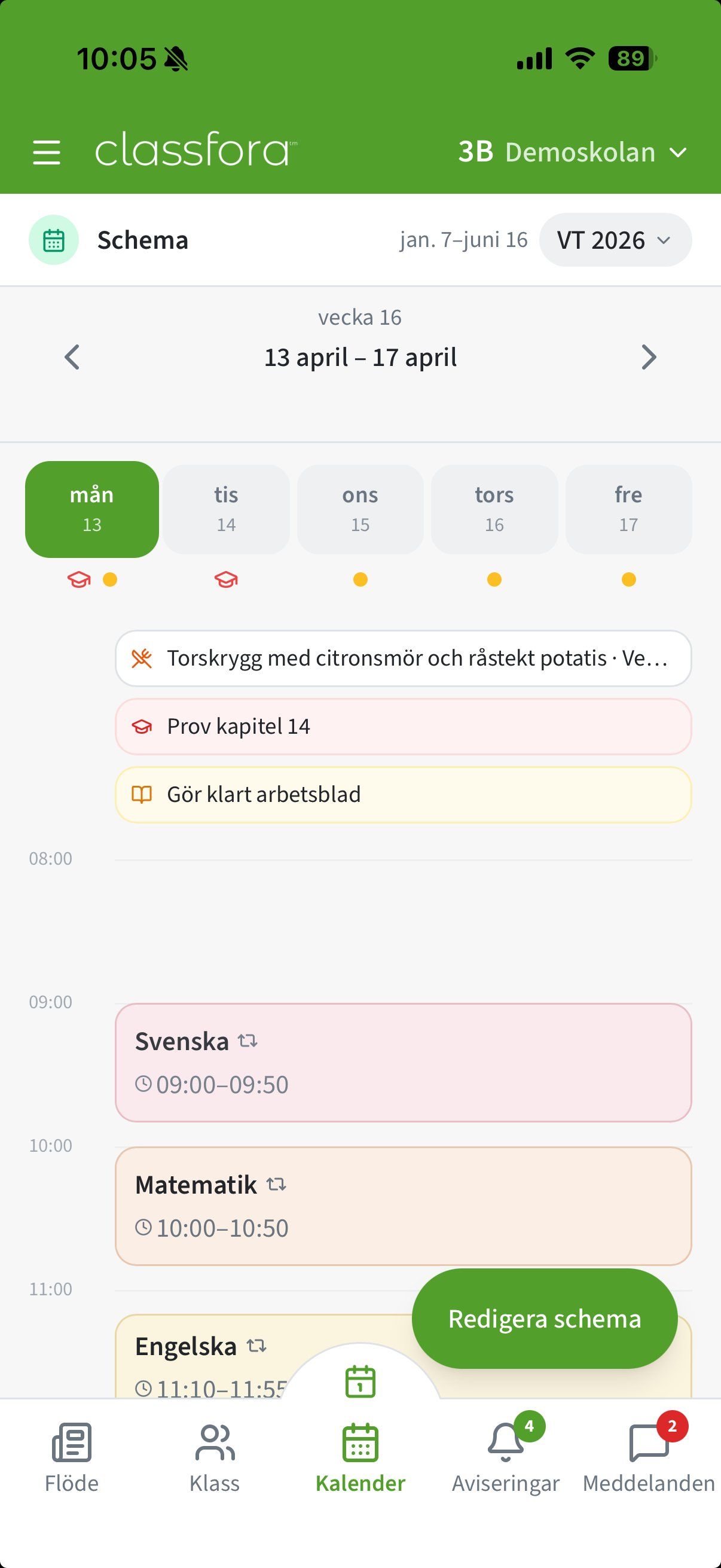 Classfora — schema på mobilen